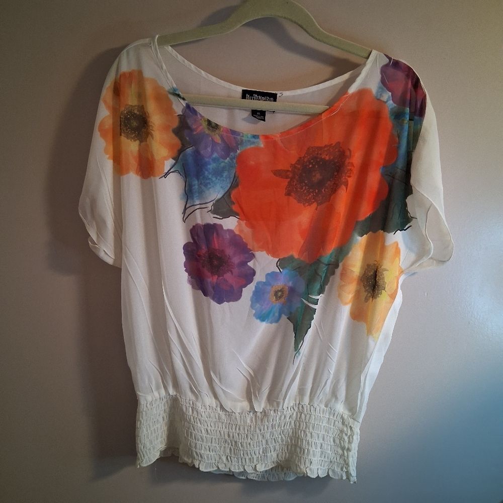 Multicolor Floral Relaxed Smocked Blouse Blouson Flutter Sleeve
